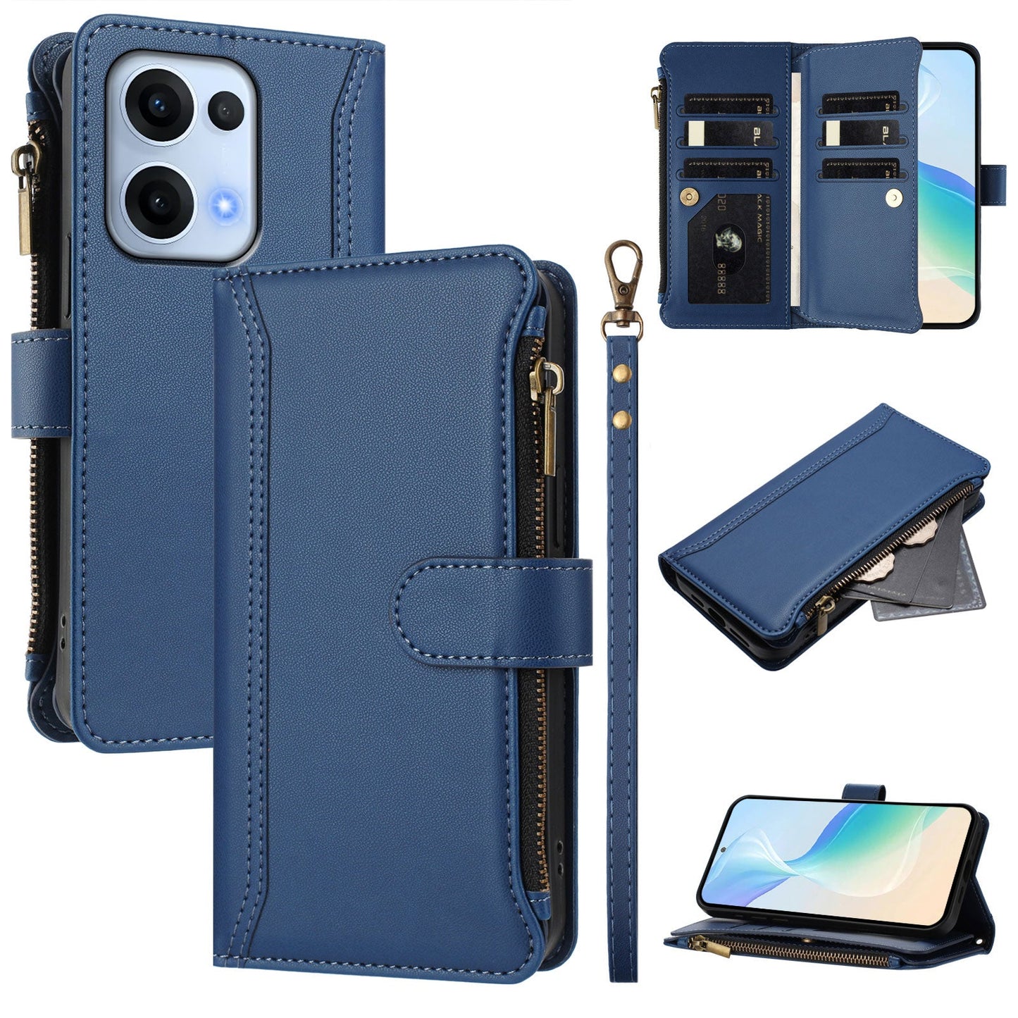 For Oppo Reno13 5G (Global) Leather Case 9 Card Slots Zipper Wallet Stand Phone Cover with Wrist Strap - Dark Blue