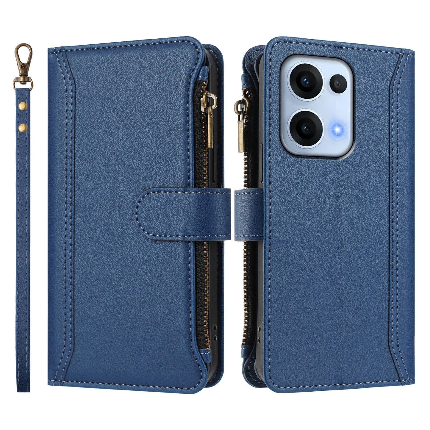 For Oppo Reno13 5G (Global) Leather Case 9 Card Slots Zipper Wallet Stand Phone Cover with Wrist Strap - Dark Blue