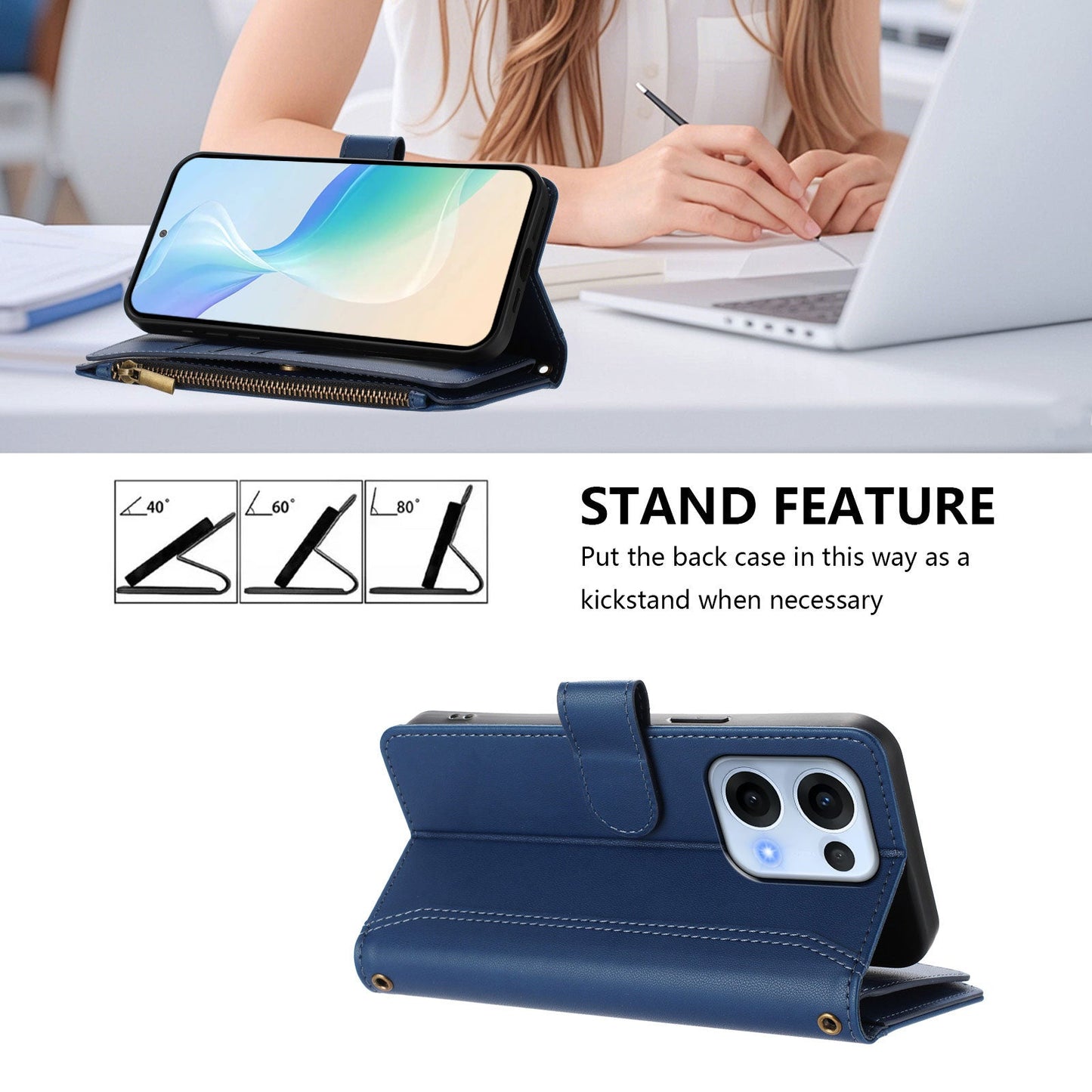 For Oppo Reno13 5G (Global) Leather Case 9 Card Slots Zipper Wallet Stand Phone Cover with Wrist Strap - Dark Blue