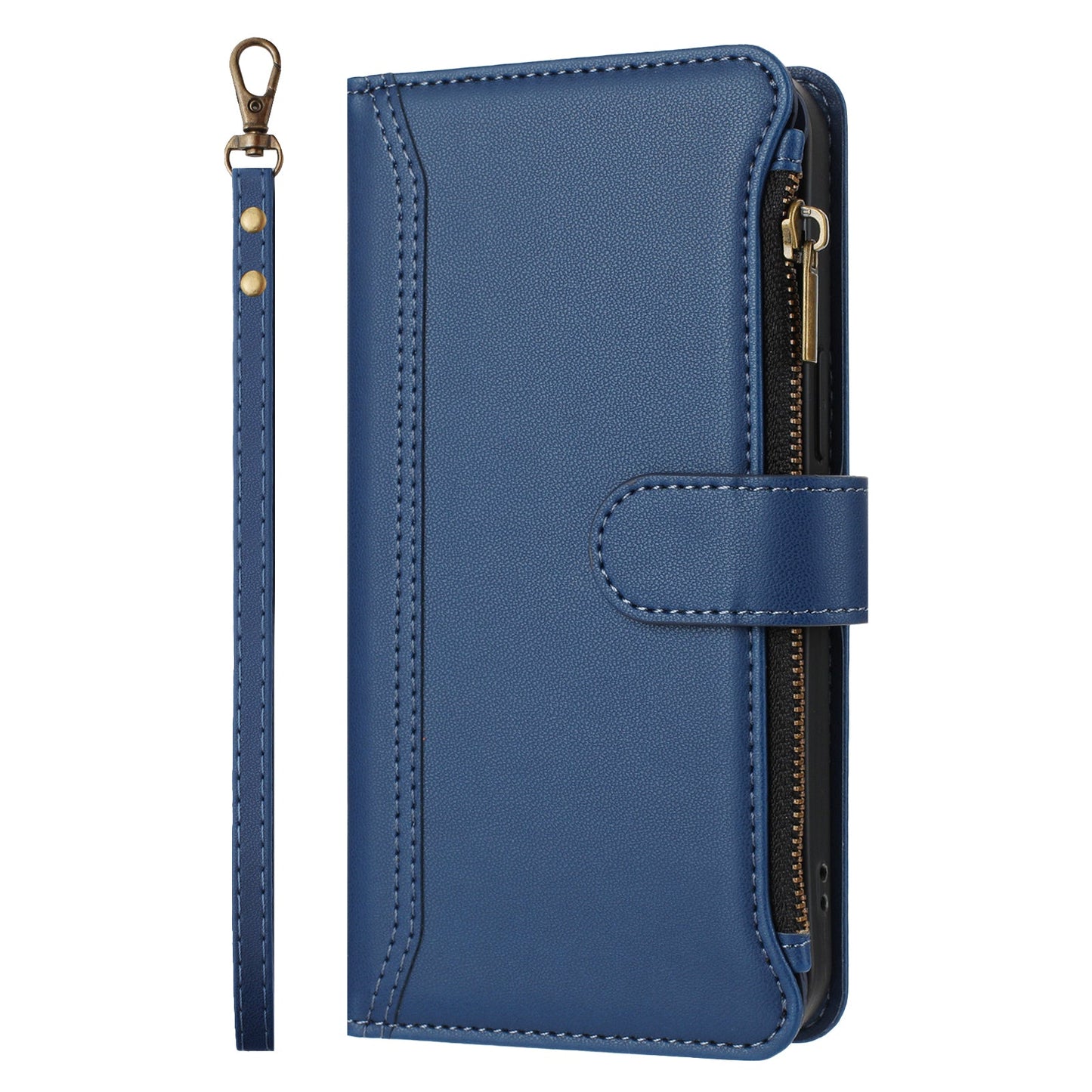For Oppo Reno13 5G (Global) Leather Case 9 Card Slots Zipper Wallet Stand Phone Cover with Wrist Strap - Dark Blue