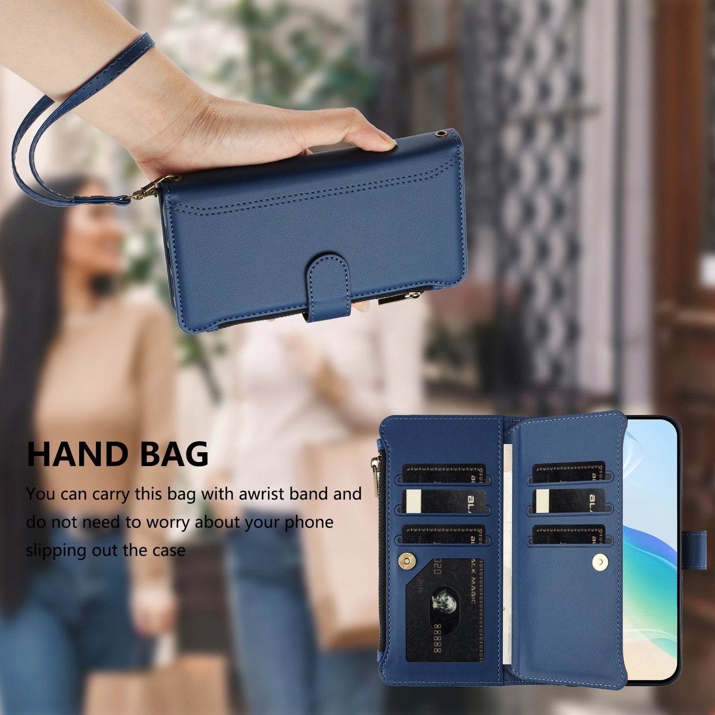 For Oppo Reno13 5G (Global) Leather Case 9 Card Slots Zipper Wallet Stand Phone Cover with Wrist Strap - Dark Blue