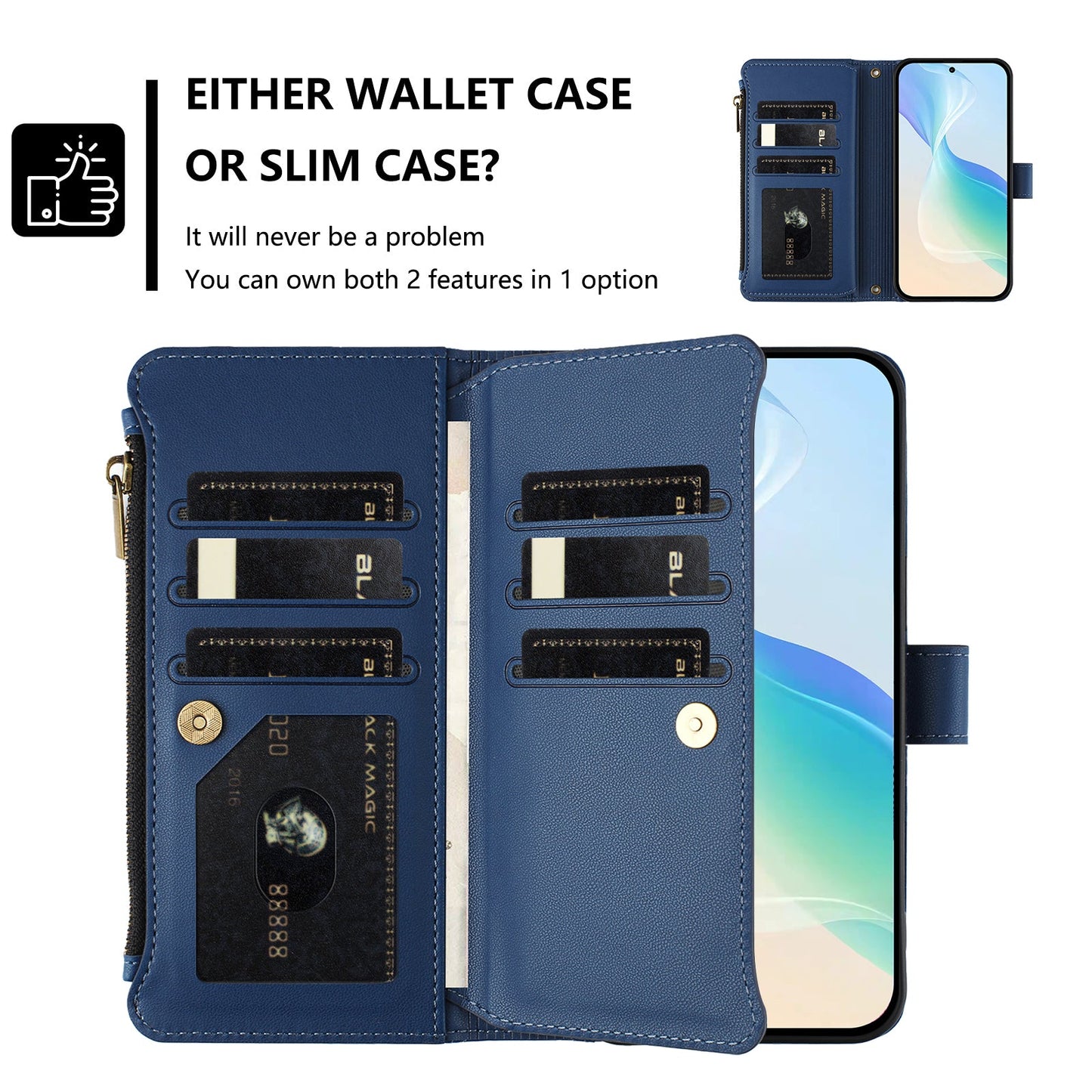 For Oppo Reno13 5G (Global) Leather Case 9 Card Slots Zipper Wallet Stand Phone Cover with Wrist Strap - Dark Blue