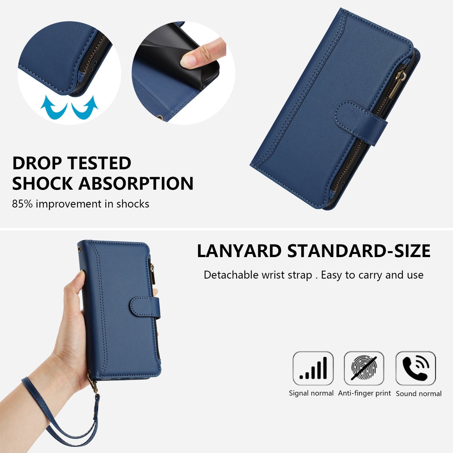 For Oppo Reno13 5G (Global) Leather Case 9 Card Slots Zipper Wallet Stand Phone Cover with Wrist Strap - Dark Blue