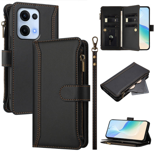 For Oppo Reno13 5G (Global) Leather Case 9 Card Slots Zipper Wallet Stand Phone Cover with Wrist Strap - Black