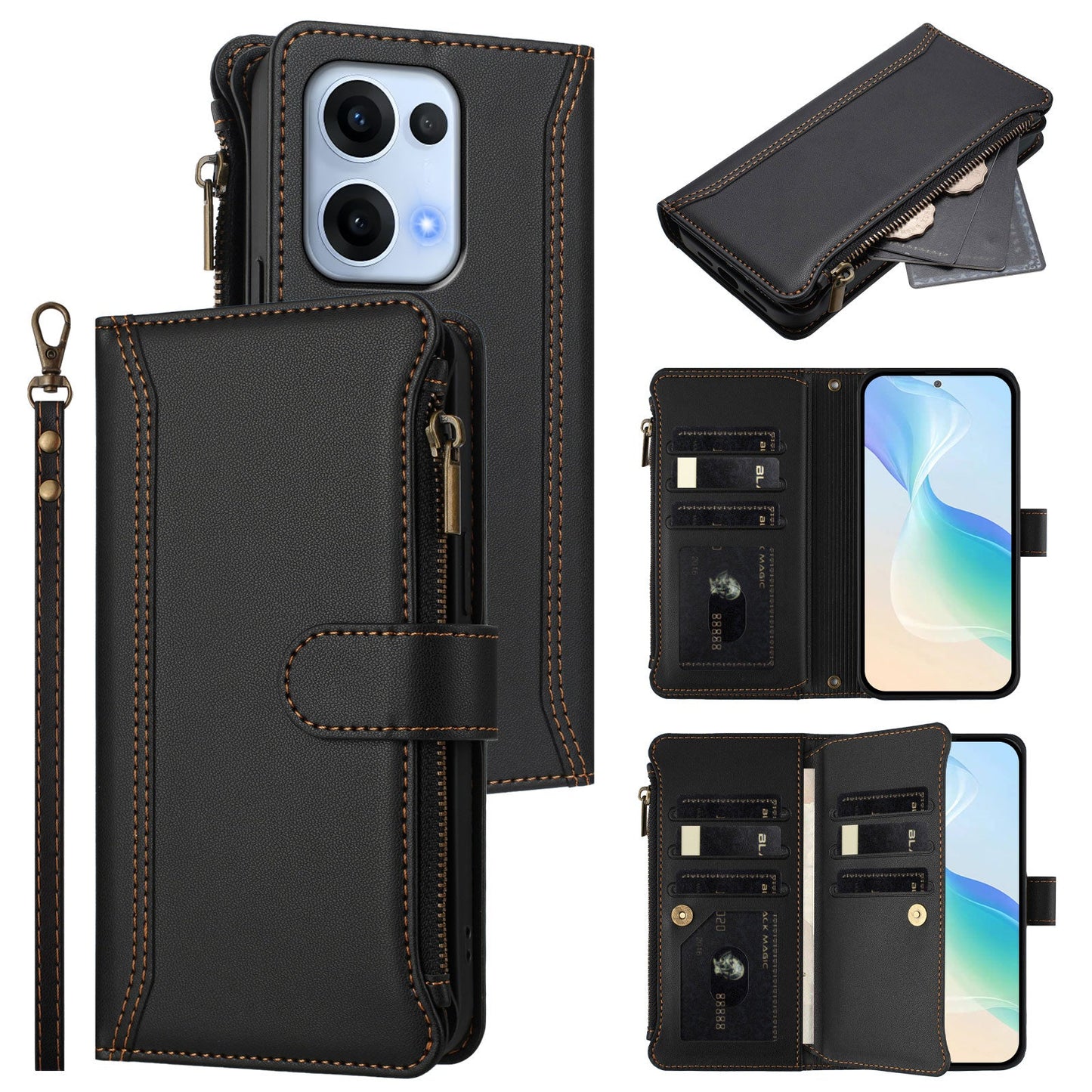 For Oppo Reno13 5G (Global) Leather Case 9 Card Slots Zipper Wallet Stand Phone Cover with Wrist Strap - Black
