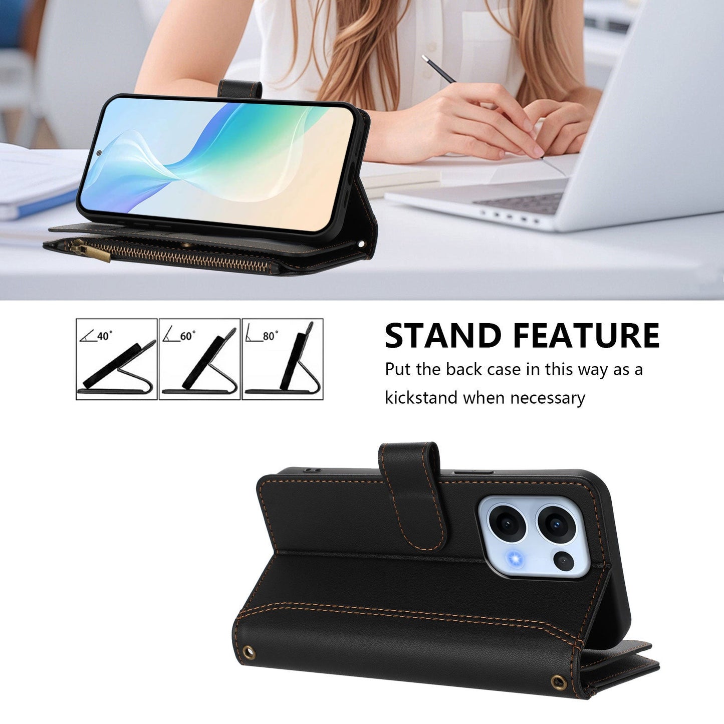 For Oppo Reno13 5G (Global) Leather Case 9 Card Slots Zipper Wallet Stand Phone Cover with Wrist Strap - Black