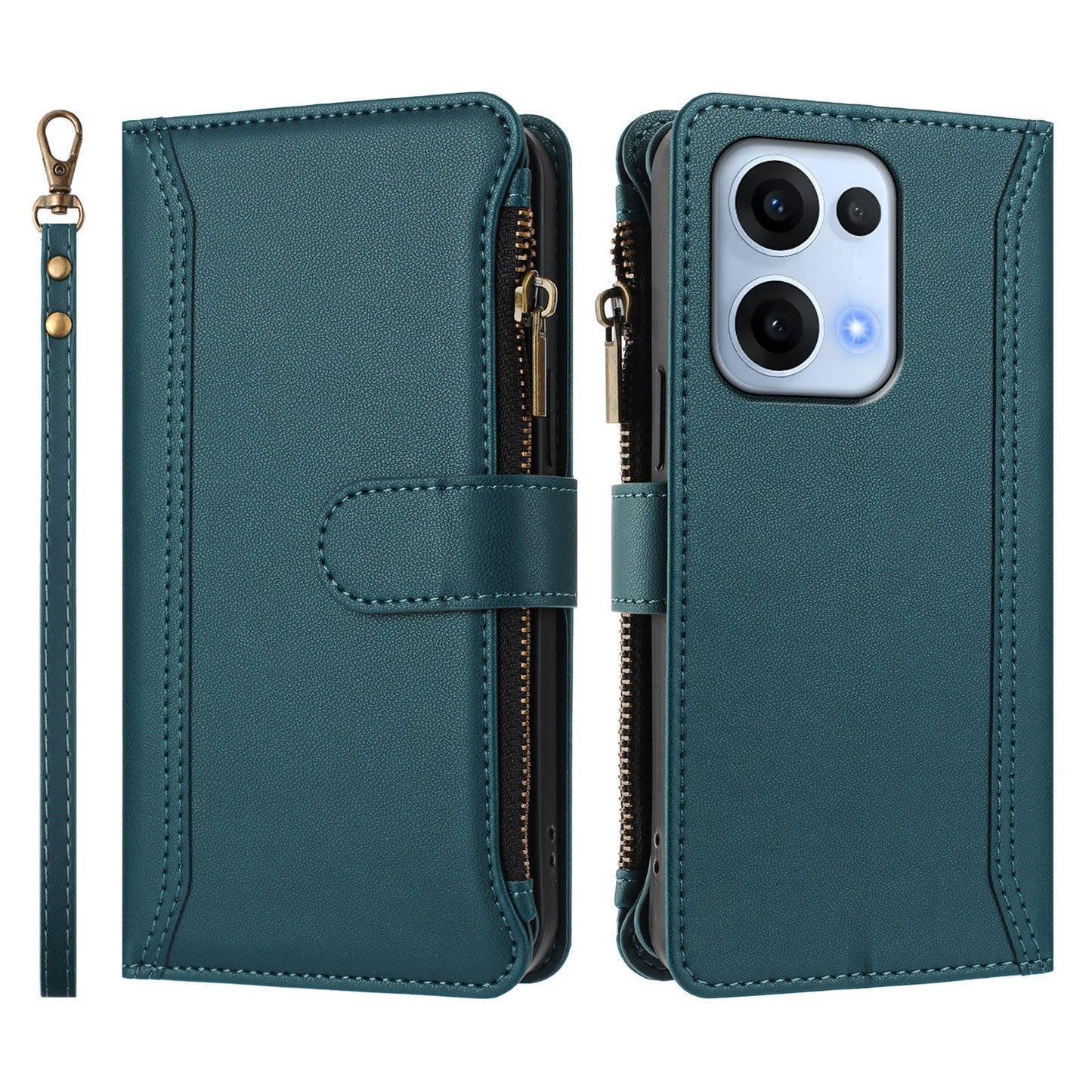 For Oppo Reno13 5G (Global) Leather Case 9 Card Slots Zipper Wallet Stand Phone Cover with Wrist Strap - Dark Green