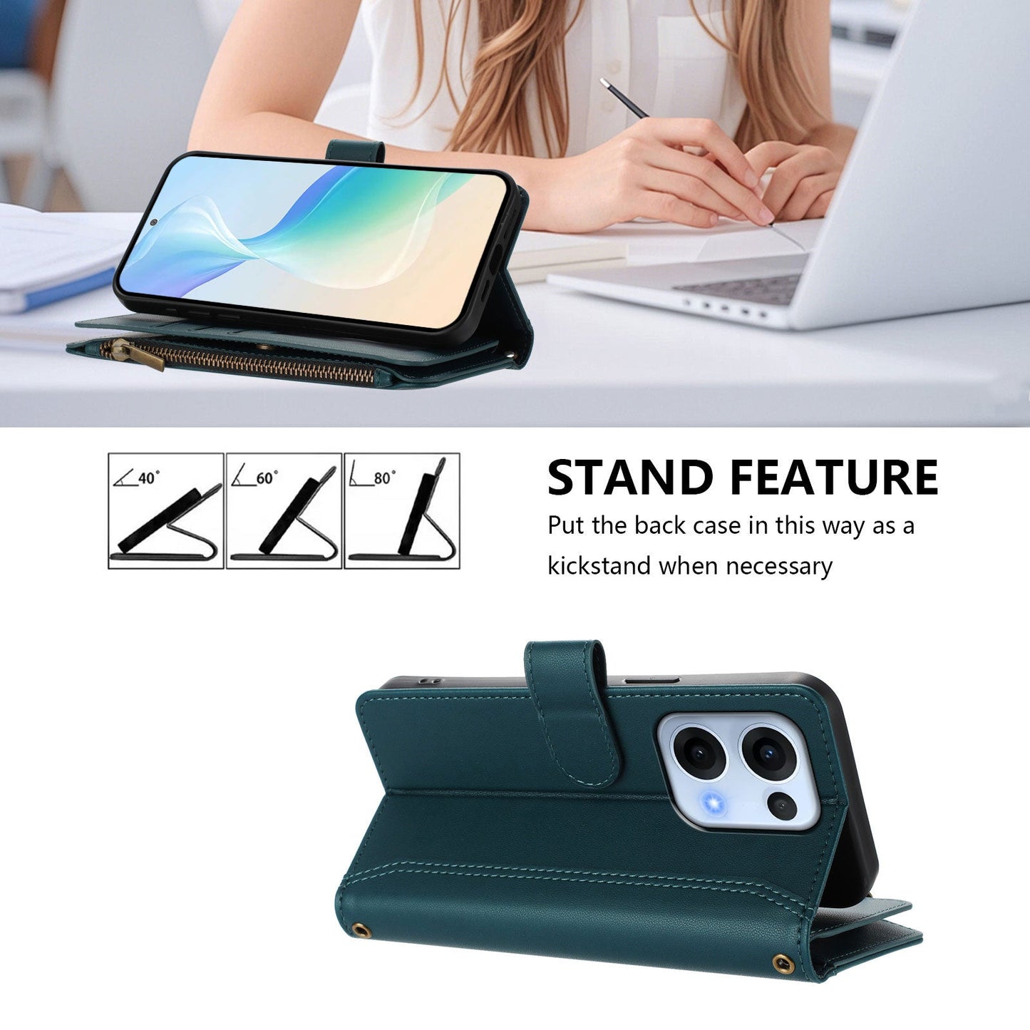 For Oppo Reno13 5G (Global) Leather Case 9 Card Slots Zipper Wallet Stand Phone Cover with Wrist Strap - Dark Green
