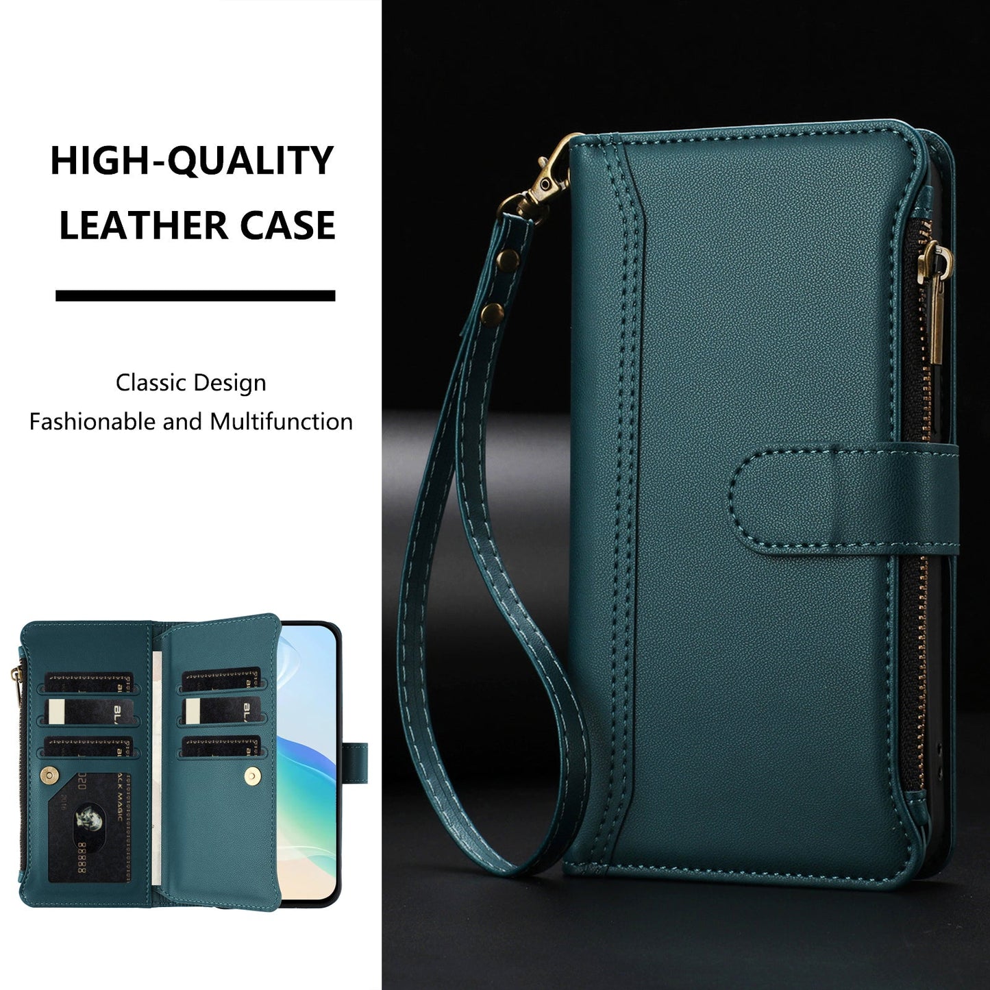 For Oppo Reno13 5G (Global) Leather Case 9 Card Slots Zipper Wallet Stand Phone Cover with Wrist Strap - Dark Green