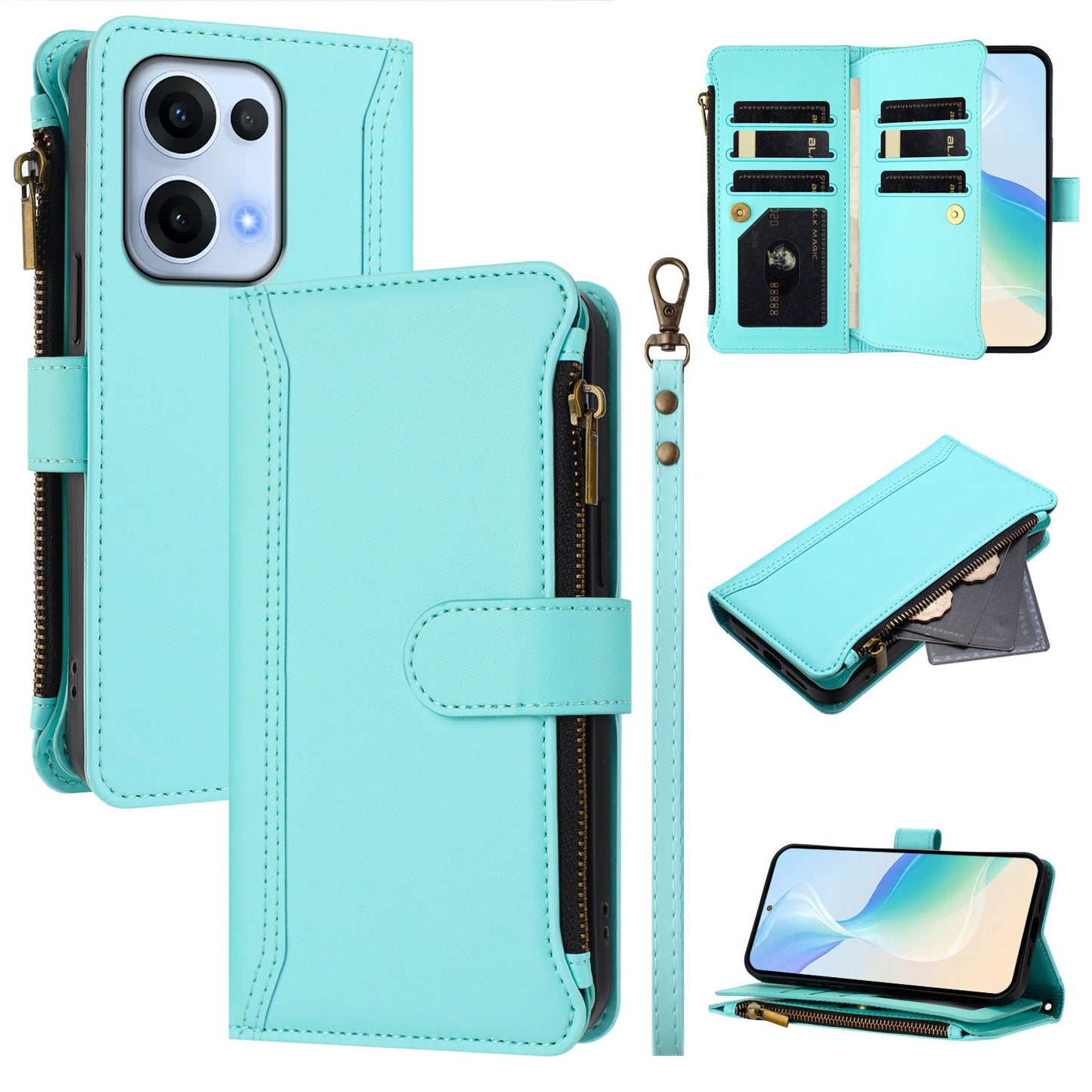 For Oppo Reno13 5G (Global) Leather Case 9 Card Slots Zipper Wallet Stand Phone Cover with Wrist Strap - Mint Green