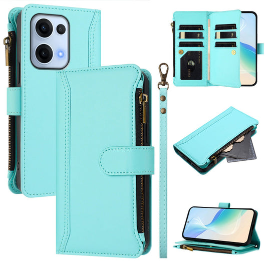 For Oppo Reno13 5G (Global) Leather Case 9 Card Slots Zipper Wallet Stand Phone Cover with Wrist Strap - Mint Green