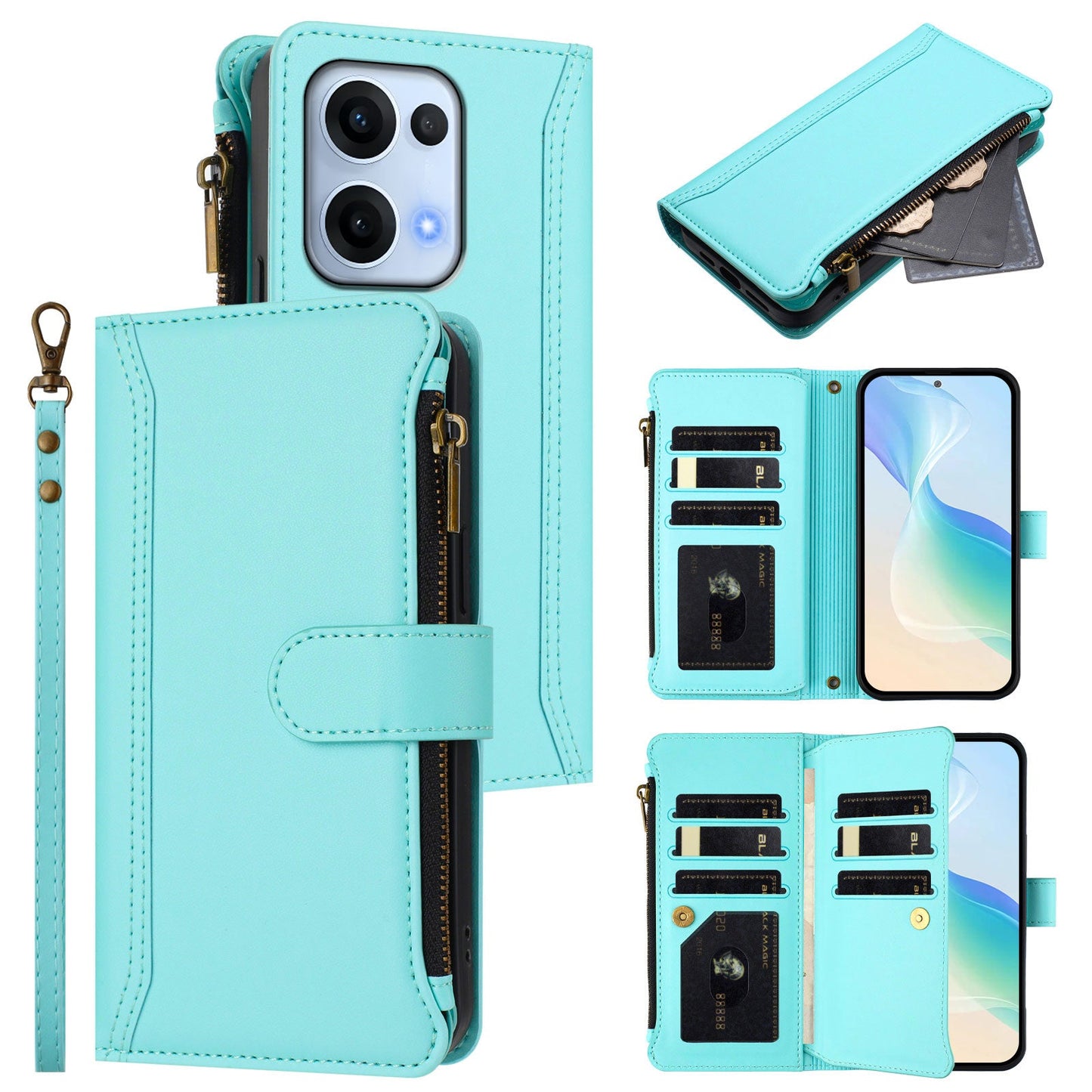For Oppo Reno13 5G (Global) Leather Case 9 Card Slots Zipper Wallet Stand Phone Cover with Wrist Strap - Mint Green