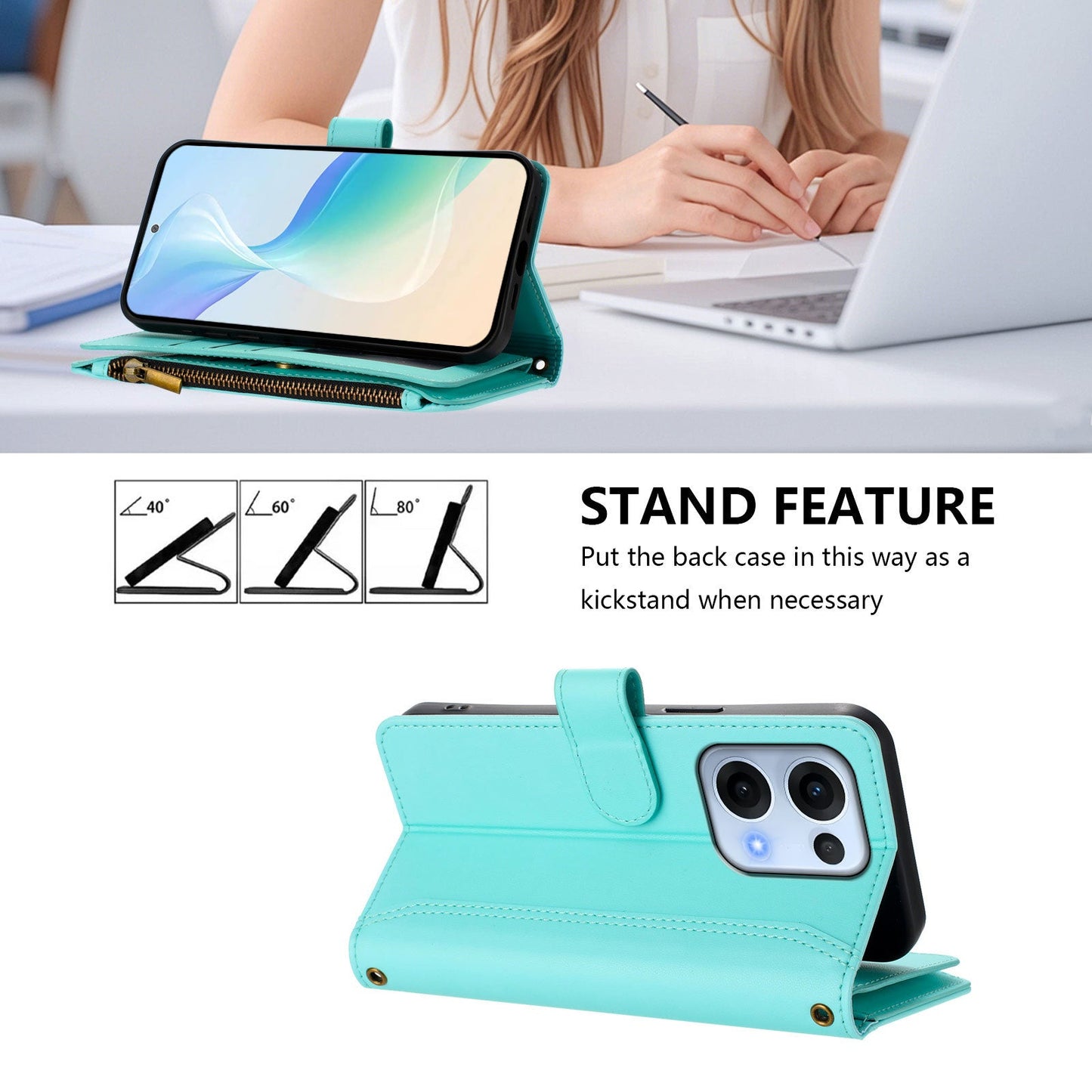 For Oppo Reno13 5G (Global) Leather Case 9 Card Slots Zipper Wallet Stand Phone Cover with Wrist Strap - Mint Green