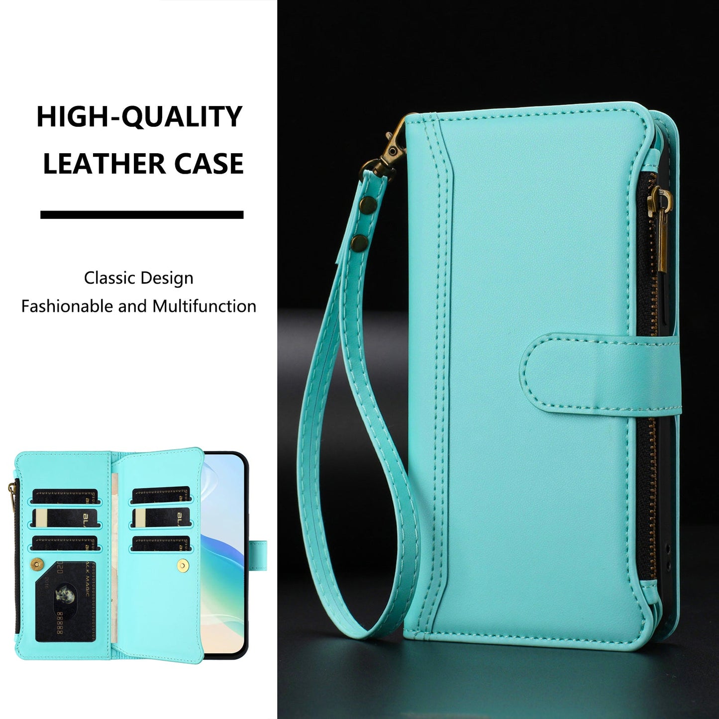 For Oppo Reno13 5G (Global) Leather Case 9 Card Slots Zipper Wallet Stand Phone Cover with Wrist Strap - Mint Green