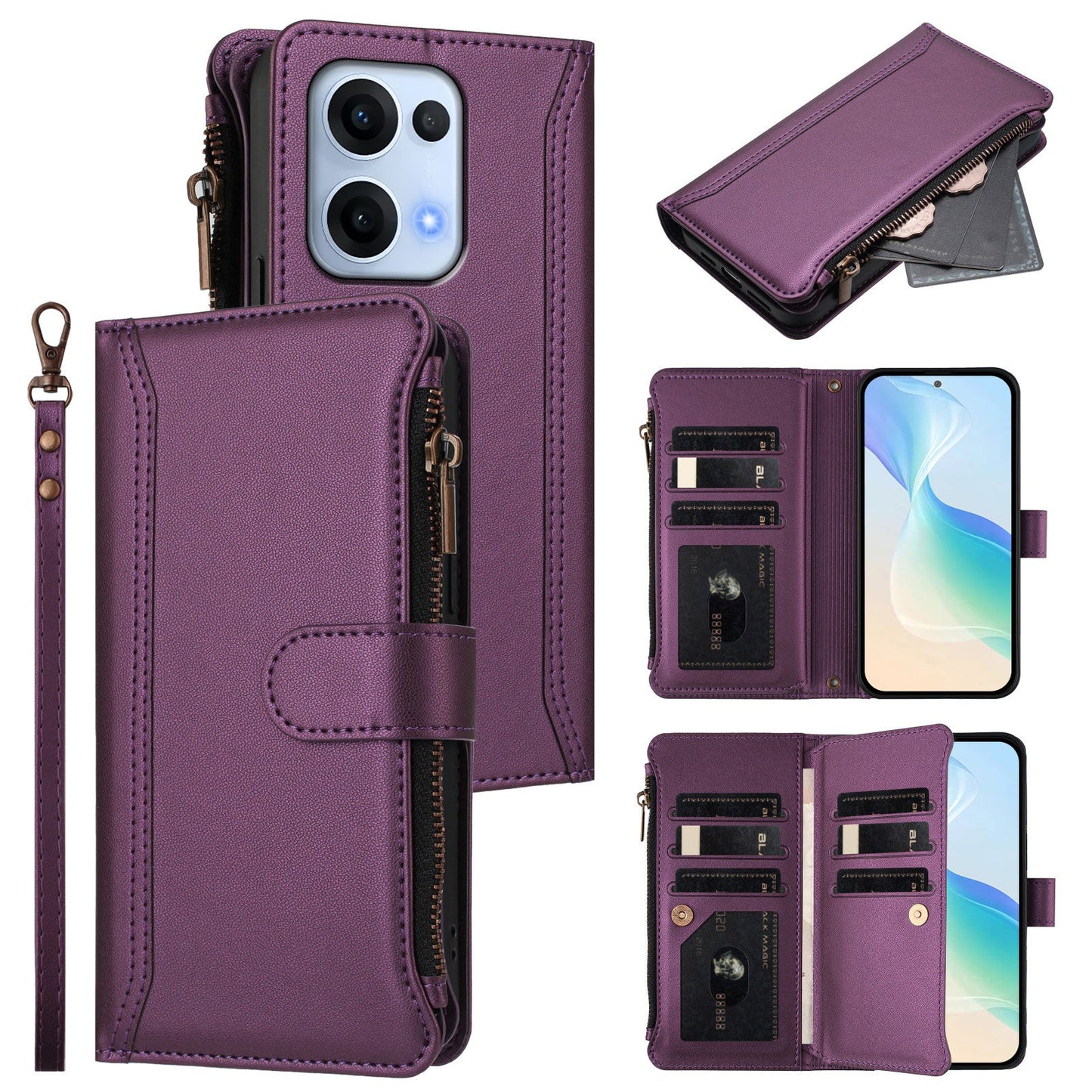 For Oppo Reno13 5G (Global) Leather Case 9 Card Slots Zipper Wallet Stand Phone Cover with Wrist Strap - Purple