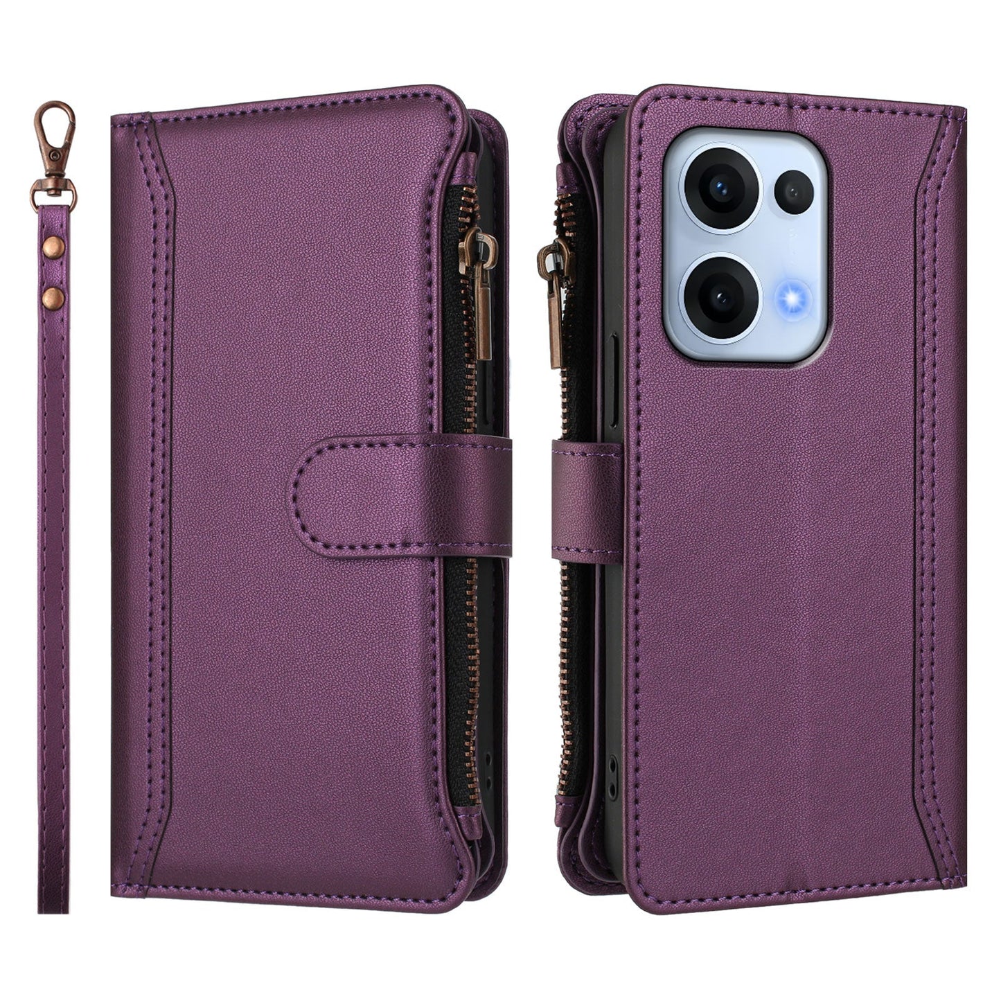 For Oppo Reno13 5G (Global) Leather Case 9 Card Slots Zipper Wallet Stand Phone Cover with Wrist Strap - Purple