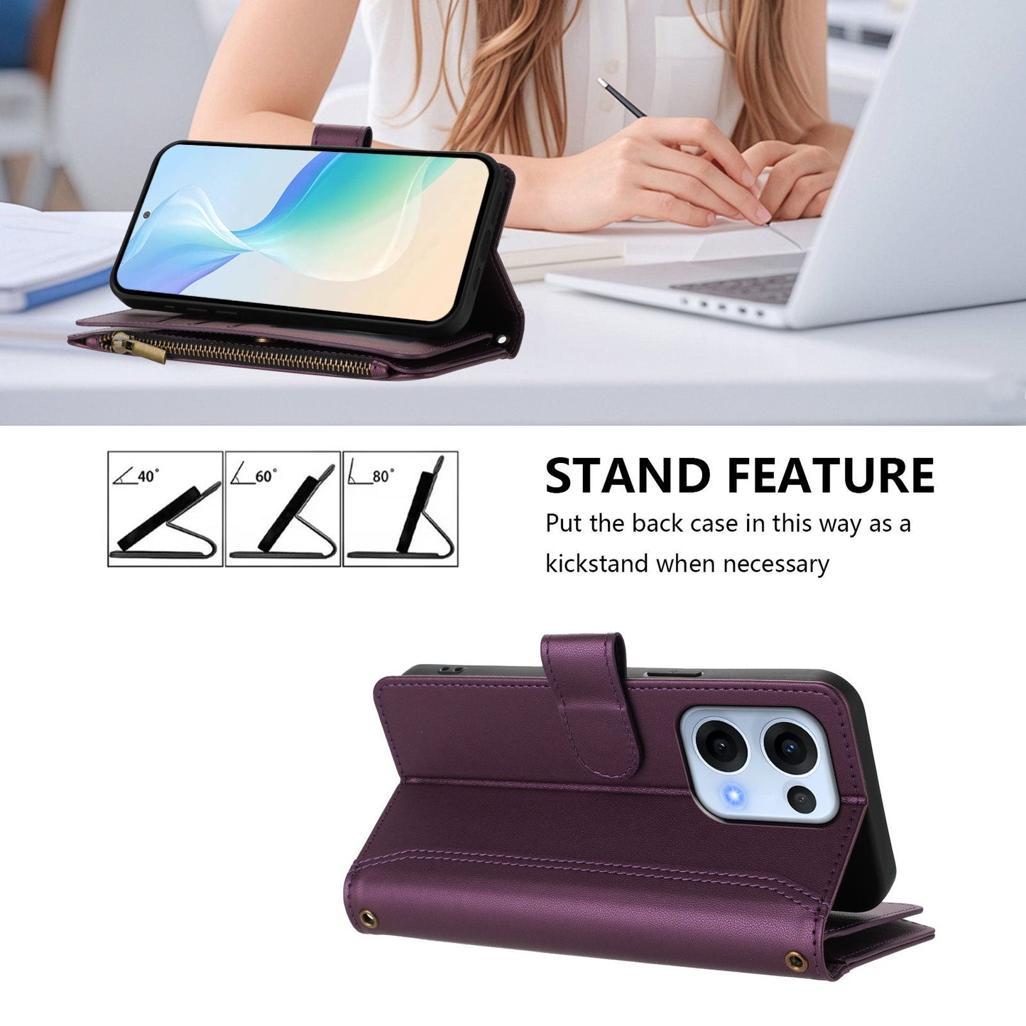 For Oppo Reno13 5G (Global) Leather Case 9 Card Slots Zipper Wallet Stand Phone Cover with Wrist Strap - Purple