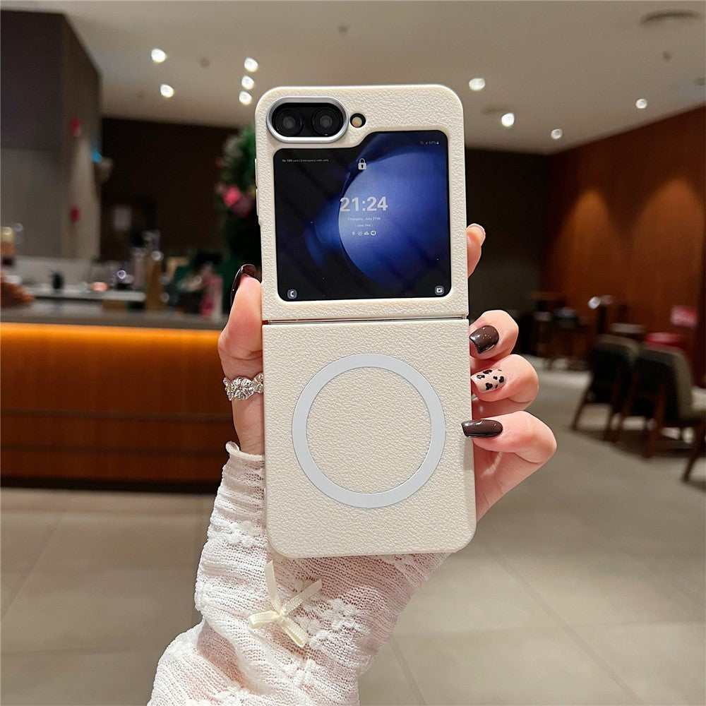 For Samsung Galaxy Z Flip7 FE 5G / Z Flip6 5G Phone Cases Leather Texture TPU Back Cover Support Wireless Charging - White