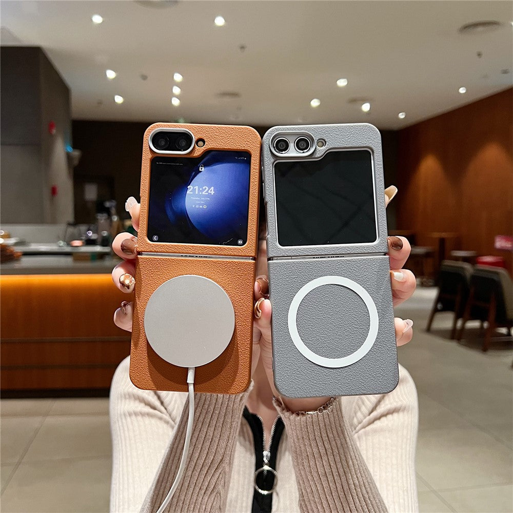 For Samsung Galaxy Z Flip7 FE 5G / Z Flip6 5G Phone Cases Leather Texture TPU Back Cover Support Wireless Charging - Grey