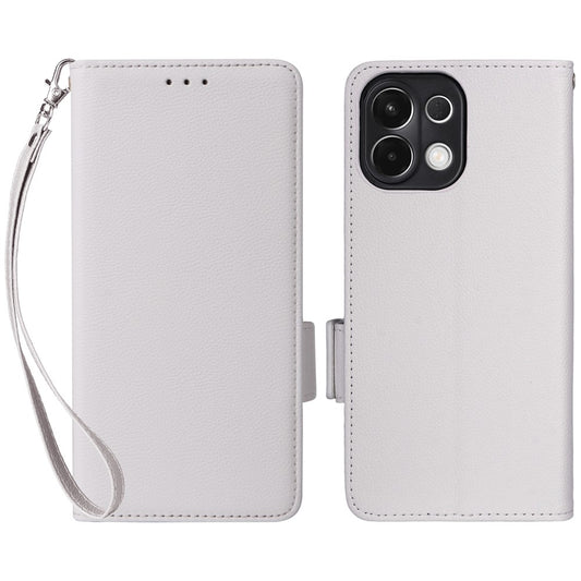 For Oppo K13 5G / K13x / K12s Case with Wrist Strap Litchi Texture PU Leather Wallet Phone Cover - White