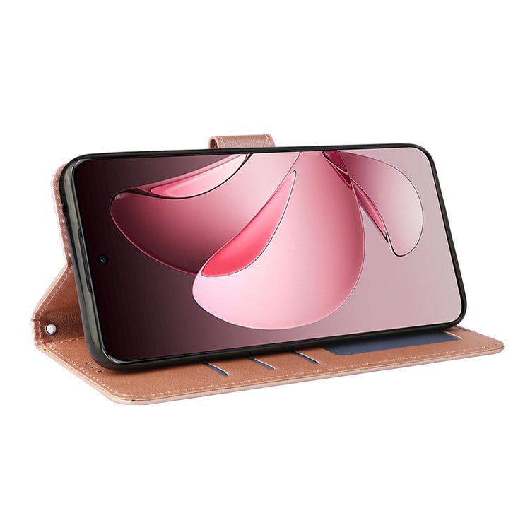 For Oppo Reno13 F 5G / 4G Case Wallet Stand View PU Leather Phone Cover with Wrist Strap - Rose Gold