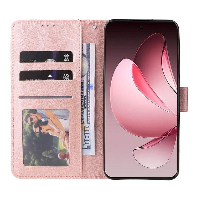 For Oppo Reno13 F 5G / 4G Case Wallet Stand View PU Leather Phone Cover with Wrist Strap - Rose Gold