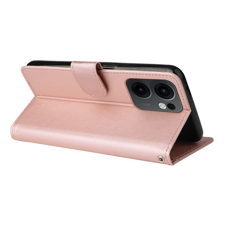 For Oppo Reno13 F 5G / 4G Case Wallet Stand View PU Leather Phone Cover with Wrist Strap - Rose Gold