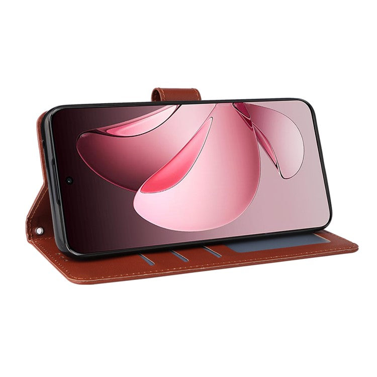 For Oppo Reno13 F 5G / 4G Case Wallet Stand View PU Leather Phone Cover with Wrist Strap - Brown