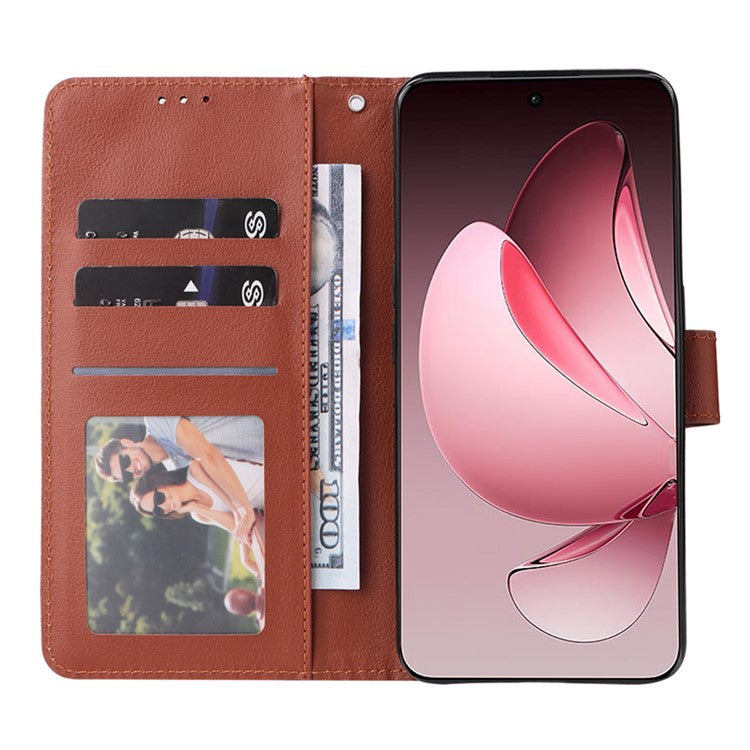 For Oppo Reno13 F 5G / 4G Case Wallet Stand View PU Leather Phone Cover with Wrist Strap - Brown