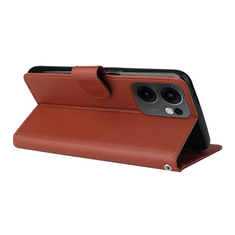 For Oppo Reno13 F 5G / 4G Case Wallet Stand View PU Leather Phone Cover with Wrist Strap - Brown