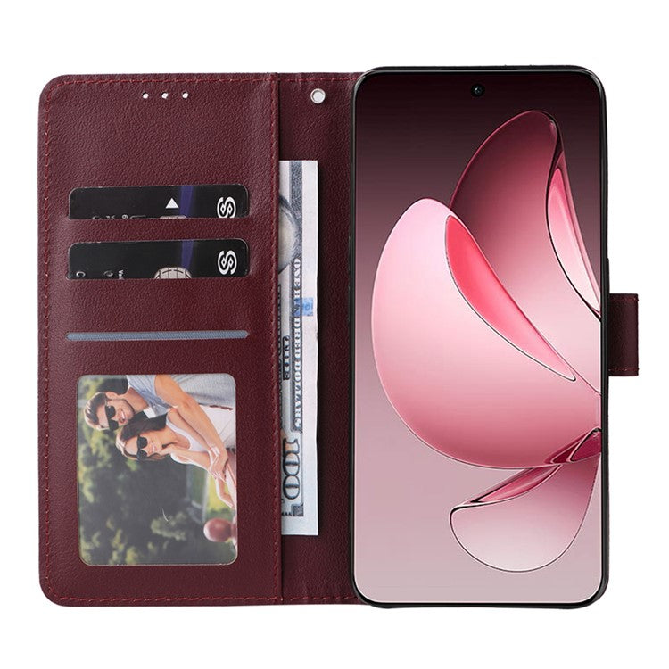 For Oppo Reno13 F 5G / 4G Case Wallet Stand View PU Leather Phone Cover with Wrist Strap - Wine Red