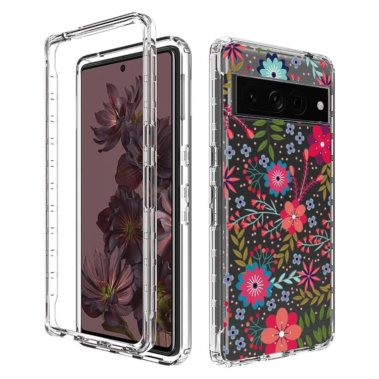 For Google Pixel 7 Pro 5G Stylish Pattern Printing Clear Phone Anti-drop Case 2-in-1 PC Frame + TPU Shockproof Cover - Flower and Leaf
