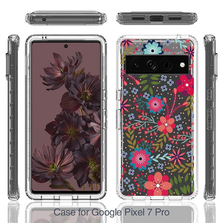 For Google Pixel 7 Pro 5G Stylish Pattern Printing Clear Phone Anti-drop Case 2-in-1 PC Frame + TPU Shockproof Cover - Flower and Leaf