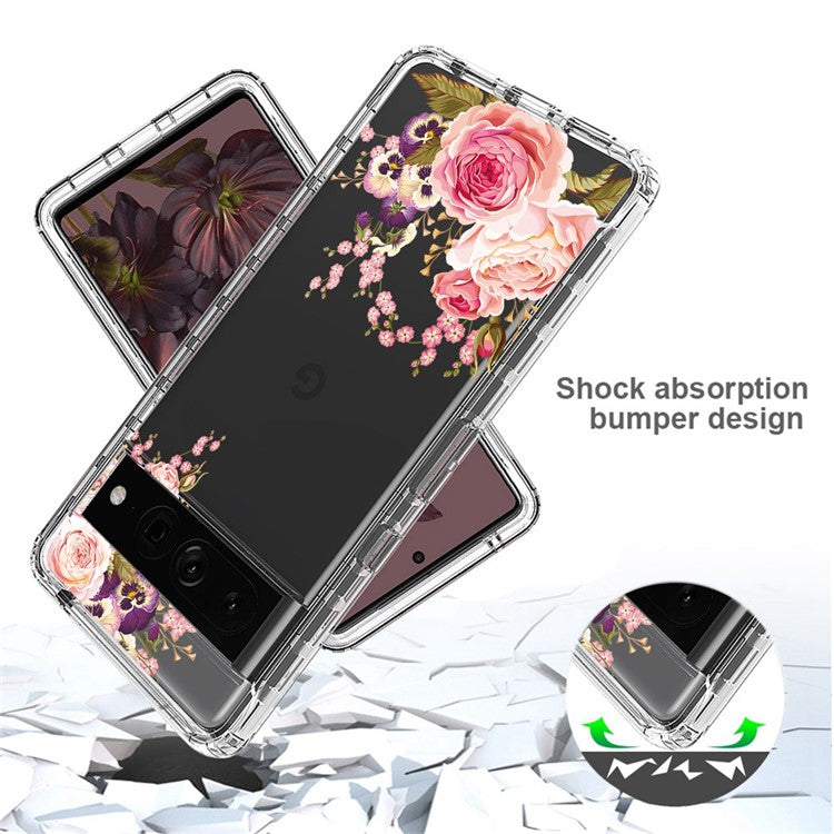 For Google Pixel 7 Pro 5G Stylish Pattern Printing Clear Phone Anti-drop Case 2-in-1 PC Frame + TPU Shockproof Cover - Rose Flower