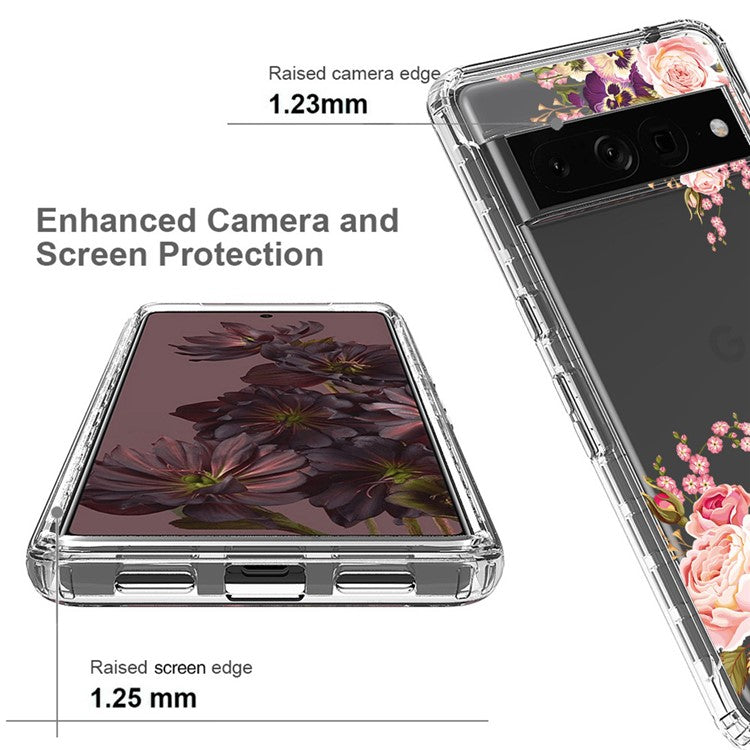 For Google Pixel 7 Pro 5G Stylish Pattern Printing Clear Phone Anti-drop Case 2-in-1 PC Frame + TPU Shockproof Cover - Rose Flower