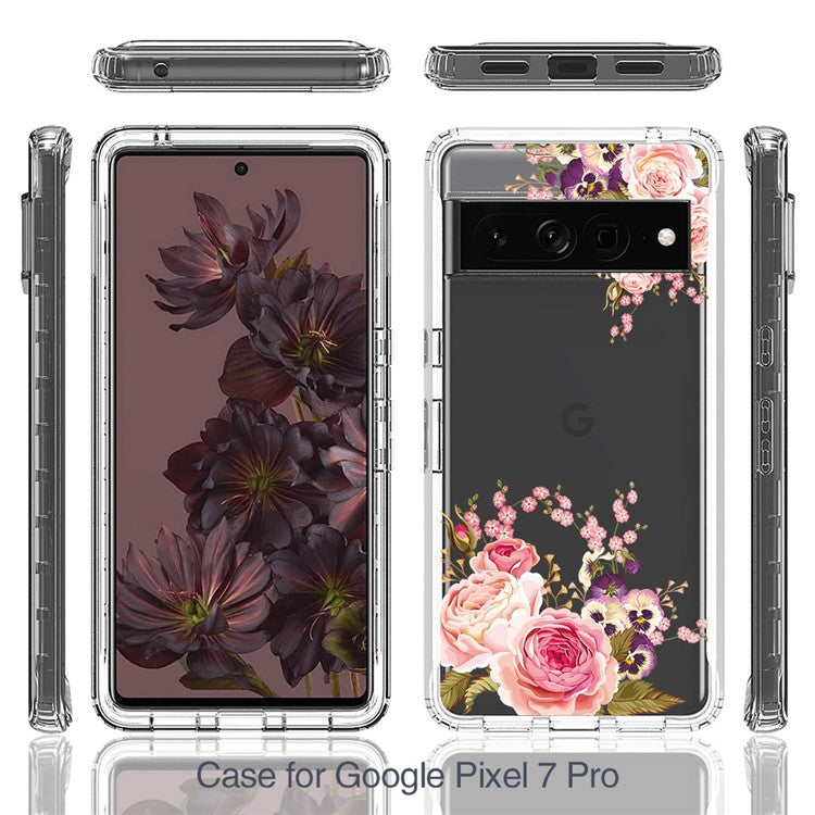 For Google Pixel 7 Pro 5G Stylish Pattern Printing Clear Phone Anti-drop Case 2-in-1 PC Frame + TPU Shockproof Cover - Rose Flower