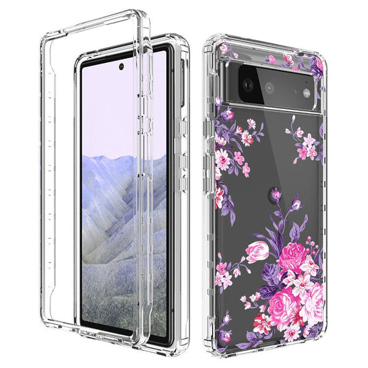 Clear Phone Case for Google Pixel 6 Pro 5G, Pattern Printing Anti-fall Hybrid PC + TPU Protective Cover - Flower