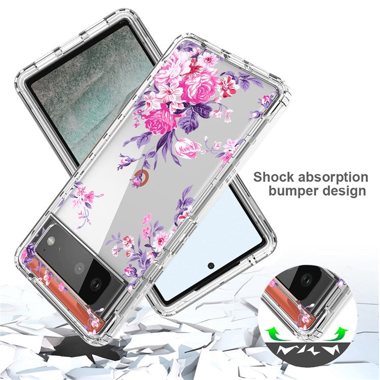 Clear Phone Case for Google Pixel 6 Pro 5G, Pattern Printing Anti-fall Hybrid PC + TPU Protective Cover - Flower