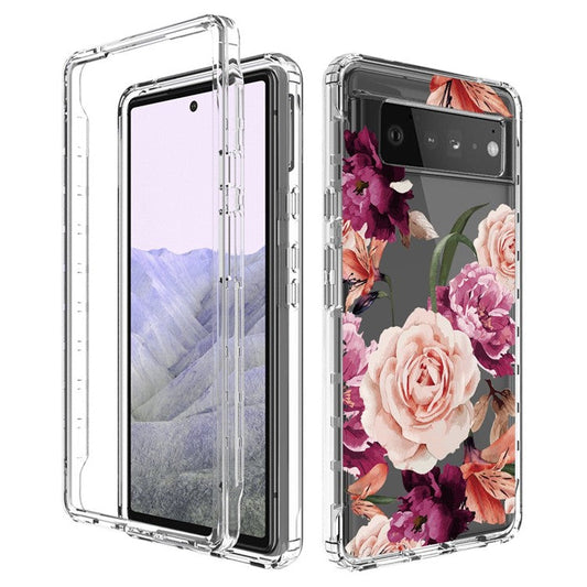 Clear Phone Case for Google Pixel 6 Pro 5G, Pattern Printing Anti-fall Hybrid PC + TPU Protective Cover - Purple Flower