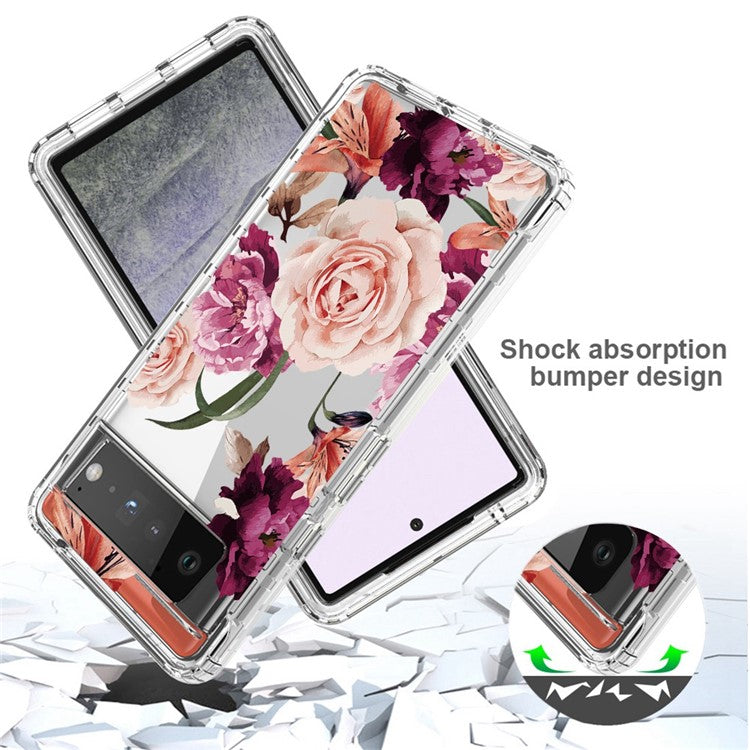Clear Phone Case for Google Pixel 6 Pro 5G, Pattern Printing Anti-fall Hybrid PC + TPU Protective Cover - Purple Flower
