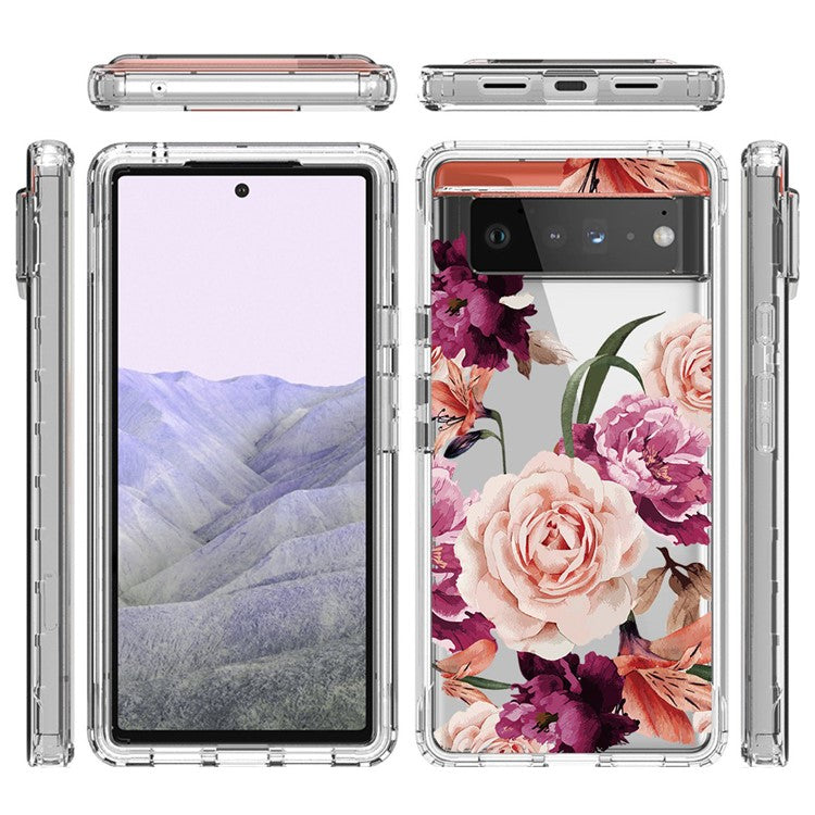 Clear Phone Case for Google Pixel 6 Pro 5G, Pattern Printing Anti-fall Hybrid PC + TPU Protective Cover - Purple Flower
