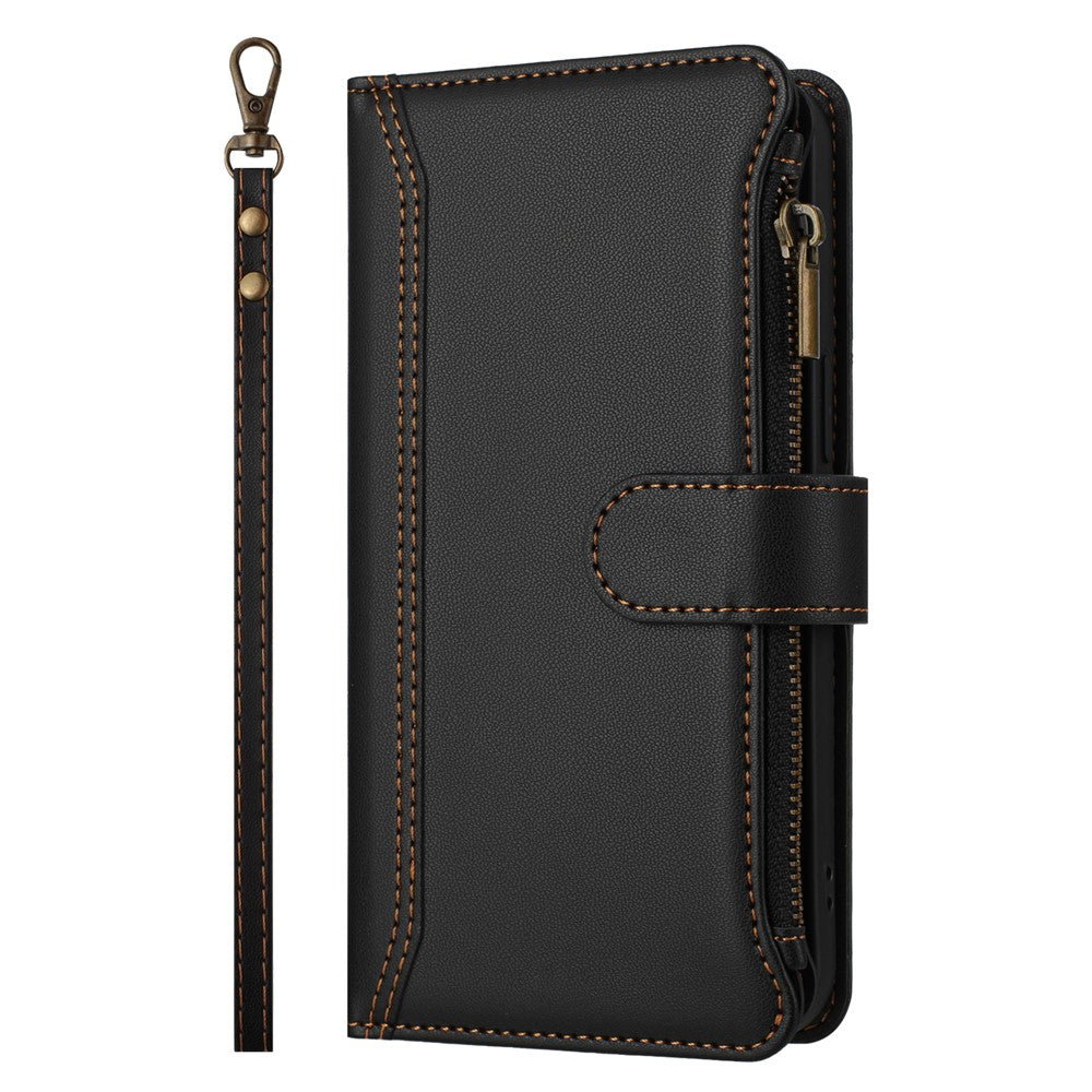 For iPhone 17 Pro Max Leather Case 9 Card Slots Zipper Wallet Stand Phone Cover with Wrist Strap - Black