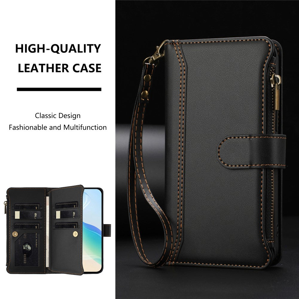 For iPhone 17 Pro Max Leather Case 9 Card Slots Zipper Wallet Stand Phone Cover with Wrist Strap - Black