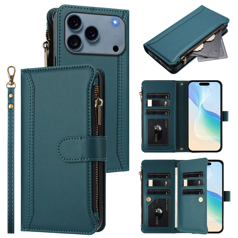 For iPhone 17 Pro Max Leather Case 9 Card Slots Zipper Wallet Stand Phone Cover with Wrist Strap - Dark Green