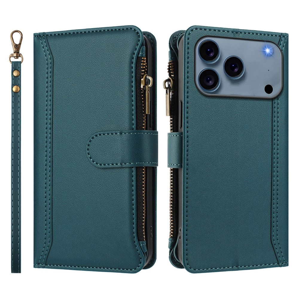 For iPhone 17 Pro Max Leather Case 9 Card Slots Zipper Wallet Stand Phone Cover with Wrist Strap - Dark Green
