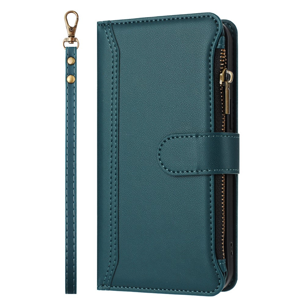 For iPhone 17 Pro Max Leather Case 9 Card Slots Zipper Wallet Stand Phone Cover with Wrist Strap - Dark Green