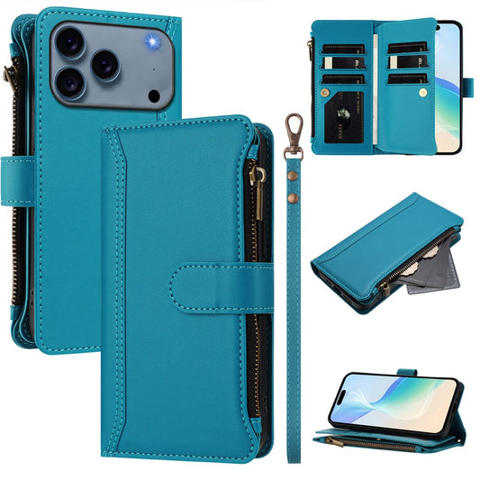 For iPhone 17 Pro Max Leather Case 9 Card Slots Zipper Wallet Stand Phone Cover with Wrist Strap - Lake Blue