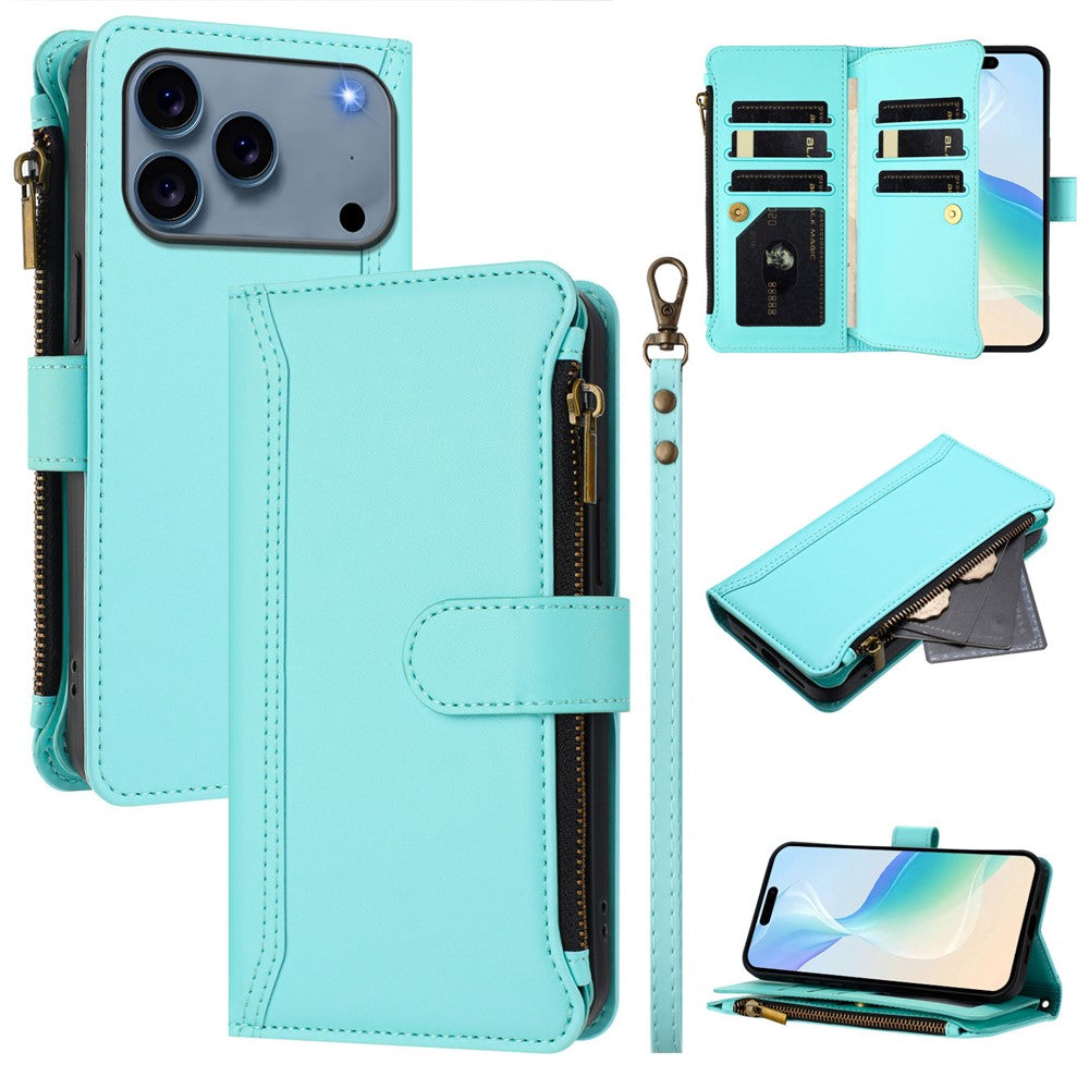 For iPhone 17 Pro Max Leather Case 9 Card Slots Zipper Wallet Stand Phone Cover with Wrist Strap - Mint Green