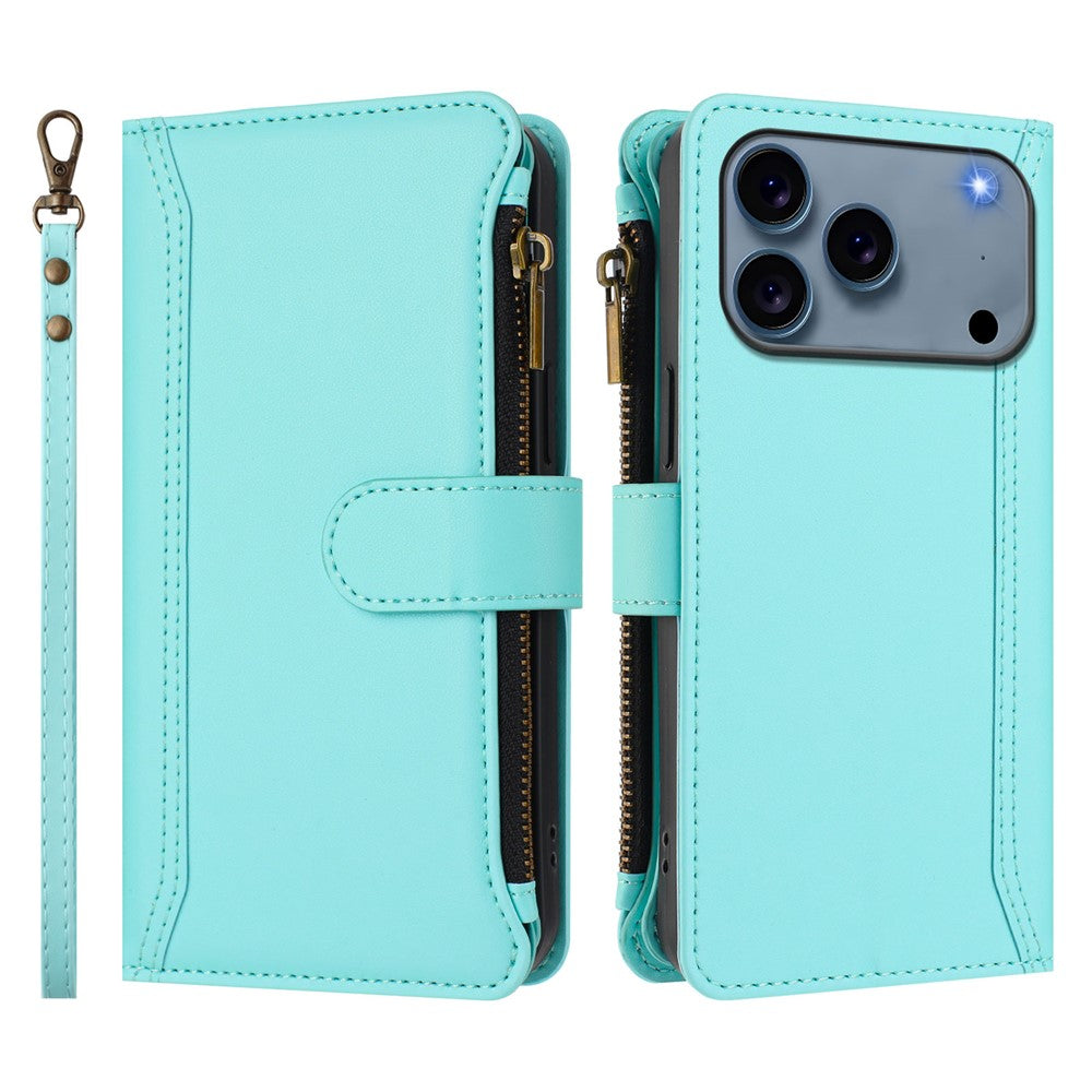 For iPhone 17 Pro Max Leather Case 9 Card Slots Zipper Wallet Stand Phone Cover with Wrist Strap - Mint Green