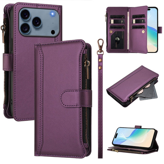 For iPhone 17 Pro Max Leather Case 9 Card Slots Zipper Wallet Stand Phone Cover with Wrist Strap - Purple